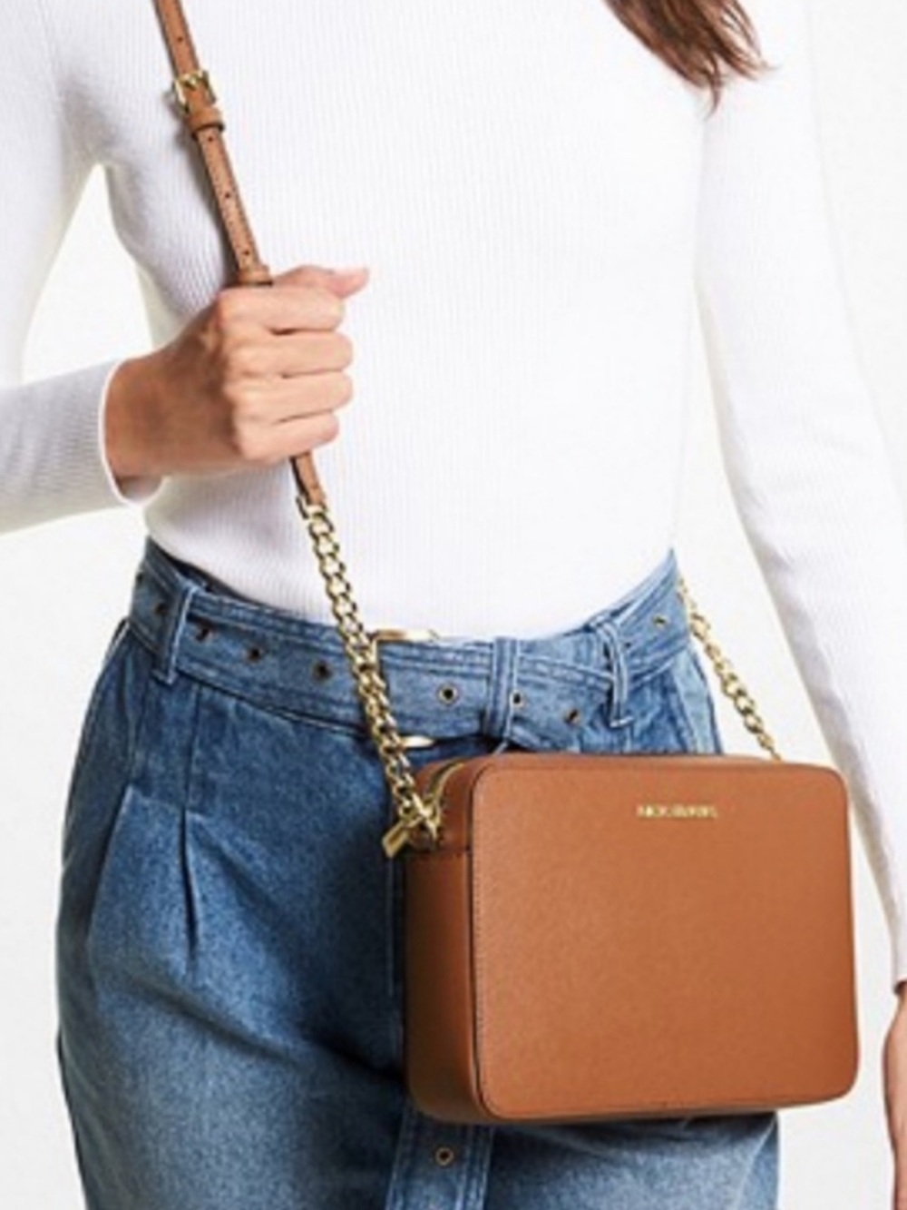Michael Kors Brown Leather Jet Set Crossbody with Gold Chain Strap